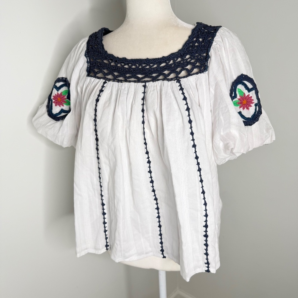Cleobella Navy Crockett White Organic Cotton Blouse Top L - Picture 5 of 6